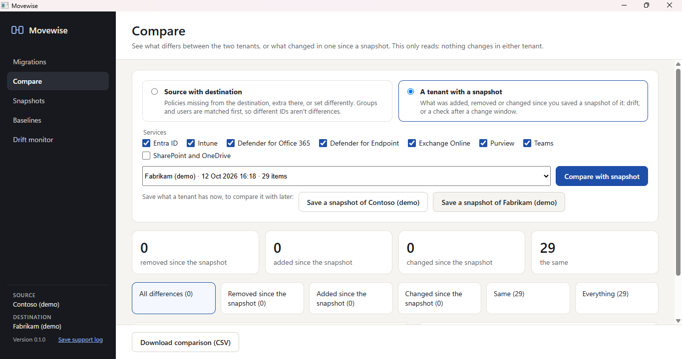 Movewise Compare screen comparing a tenant with a snapshot