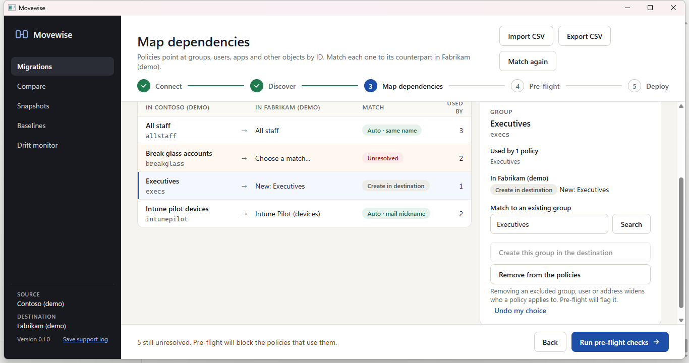 Movewise Map dependencies screen matching groups between two tenants